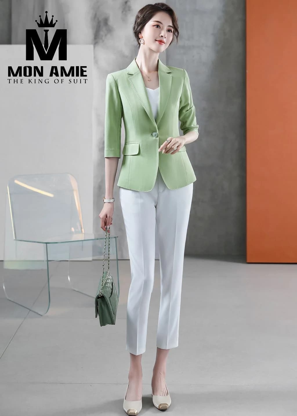 Suit Nữ Xanh Matcha Blazer Một Nút Tay Lửng