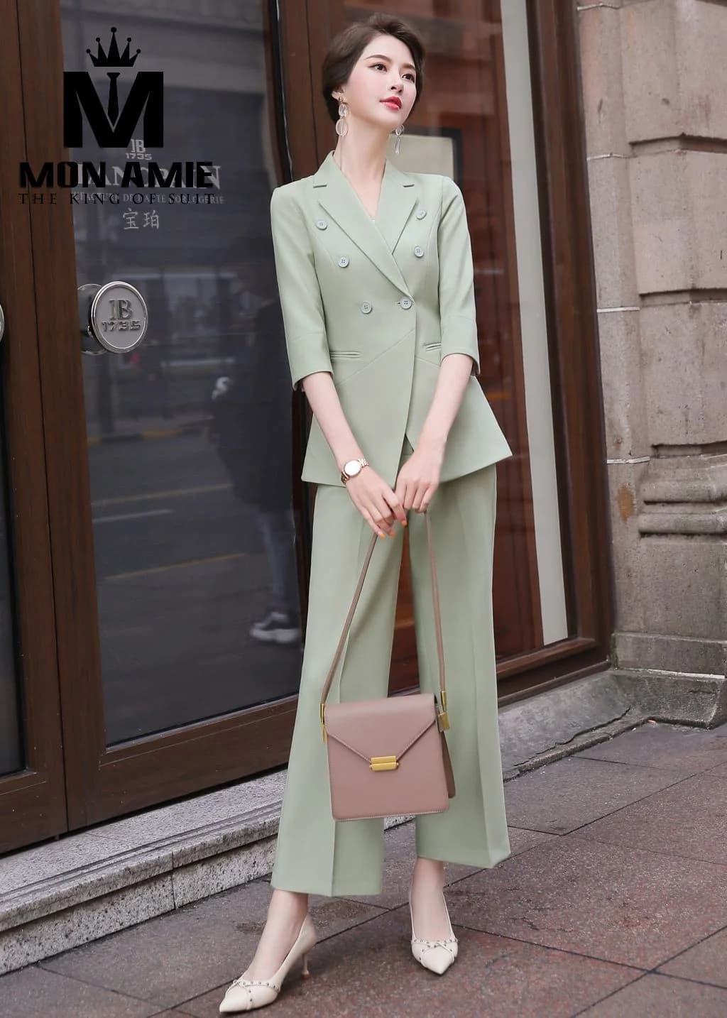 Suit Nữ Xanh Sage Hai Hàng Khuy Quần Ống Rộng