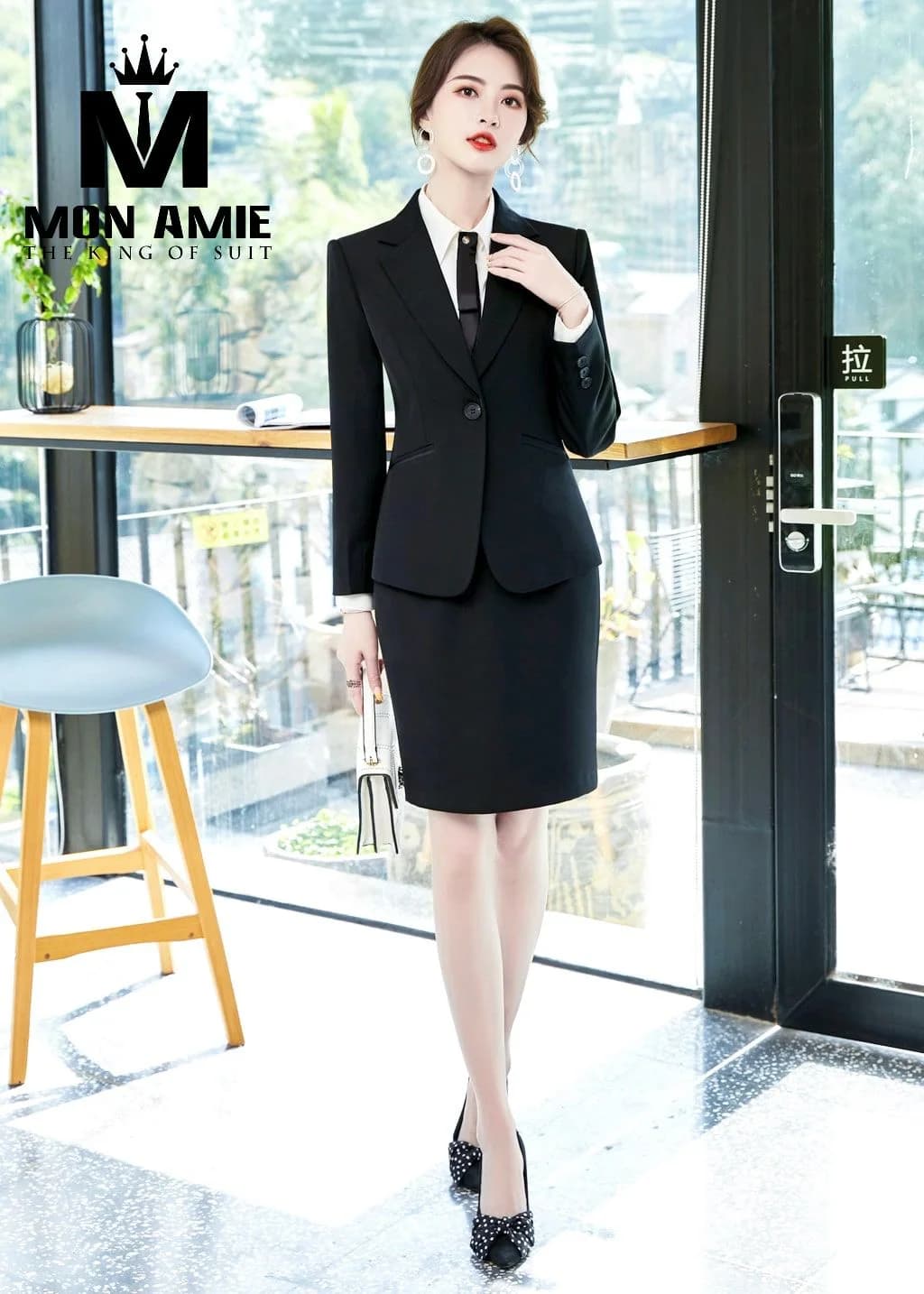 Suit Nữ Đen Một Nút Chân Váy Bút Chì Cà Vạt Nhỏ