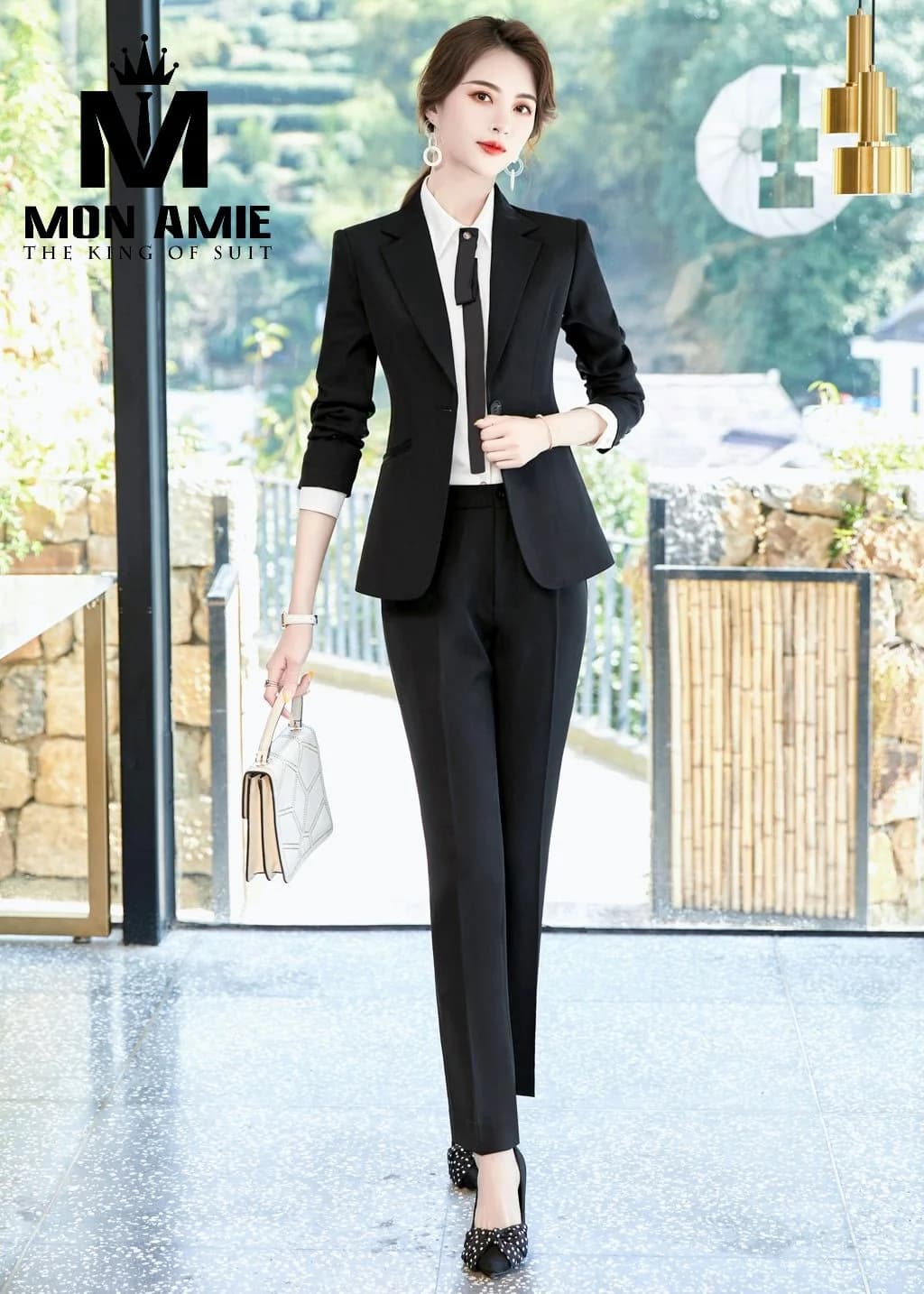 Suit Nữ Đen Quần Âu Ống Đứng Sơ Mi Trắng Cà Vạt Nhỏ