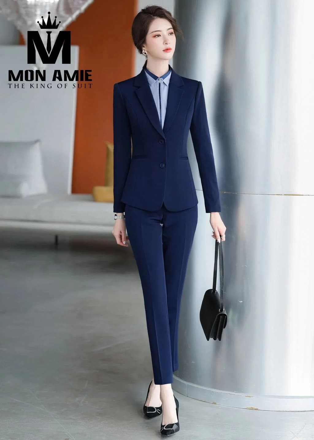 Suit Nữ Xanh Navy Hai Nút Sơ Mi Xanh Nhạt Quần Ống Đứng