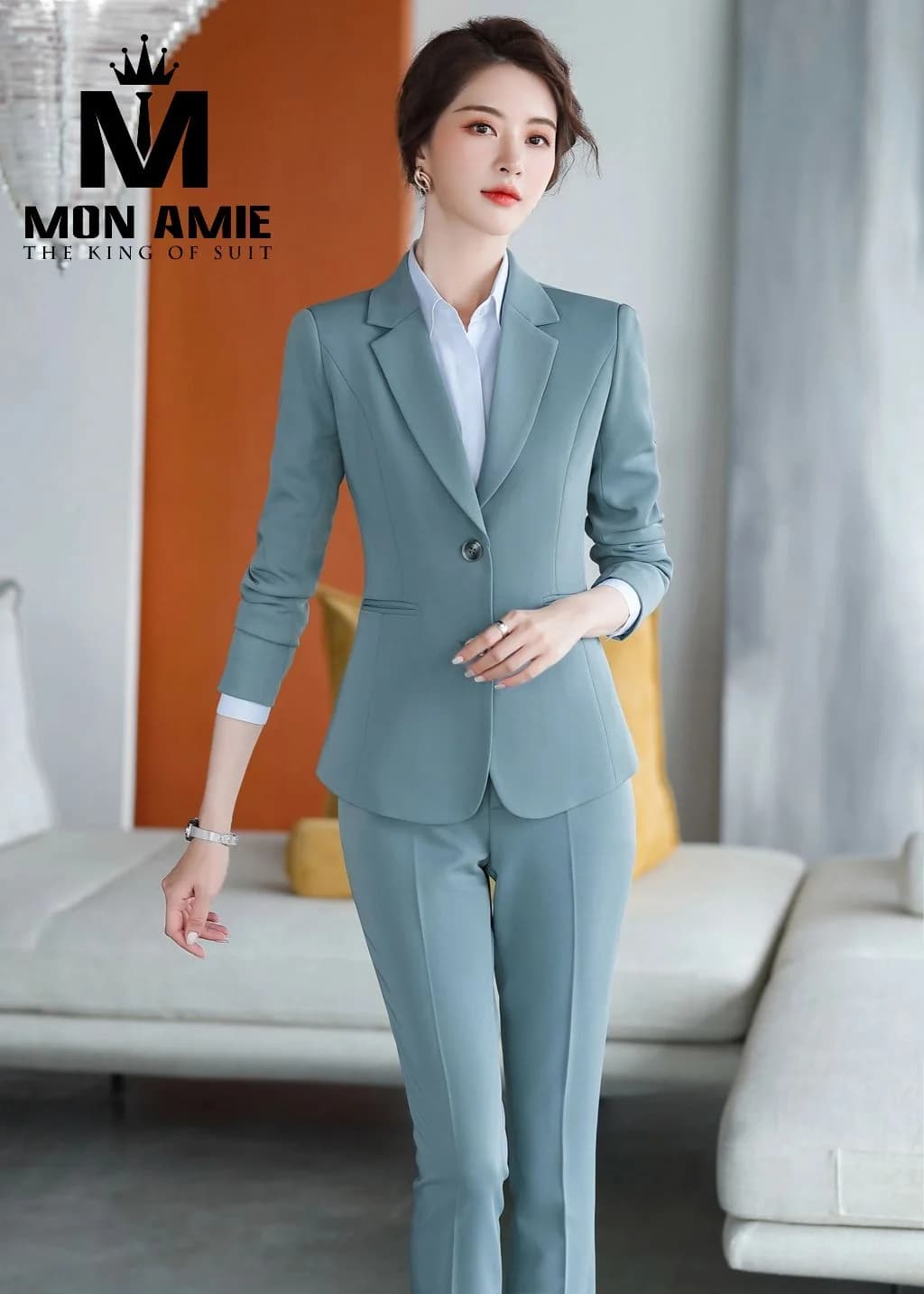 Suit Nữ Xanh Ngọc Ve Bản Lớn Quần Ống Đứng