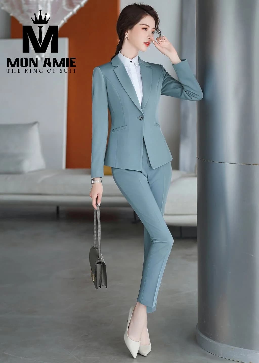 Suit Nữ Xanh Khói Dáng Ôm Quần Cắt Lửng Cổ Chân
