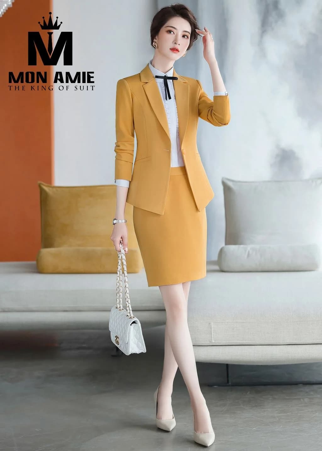 Suit Nữ Vàng Mù Tạt Chân Váy Ôm Một Nút