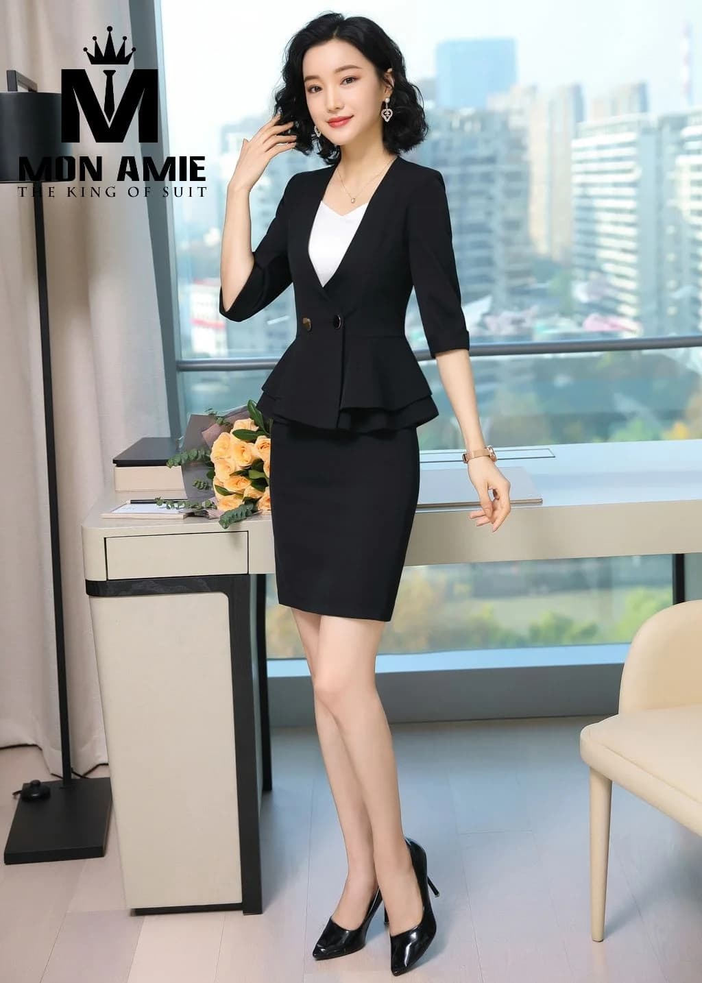 Suit Nữ Đen Peplum Hai Tầng Váy Ôm