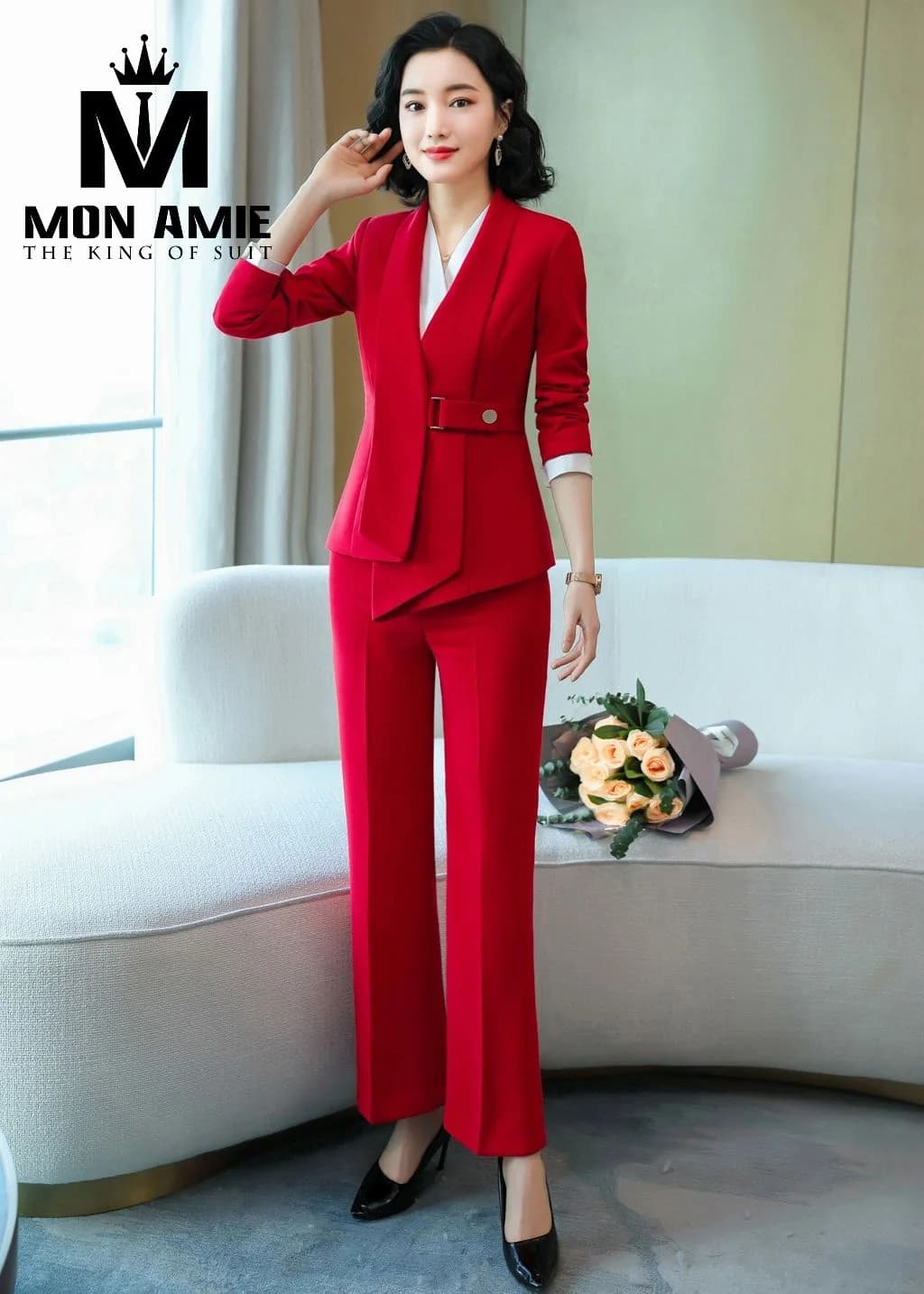 Suit Nữ Đỏ Vạt Chéo Đai Nút Quần Ống Loe