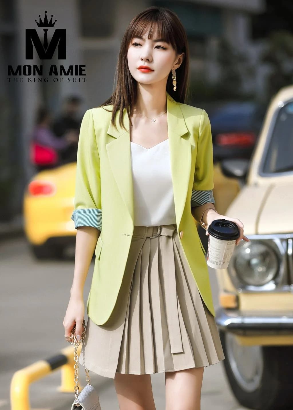 Áo Vest Nữ Xanh Chanh Lót Tay Sọc Váy Xếp Ly Đai D