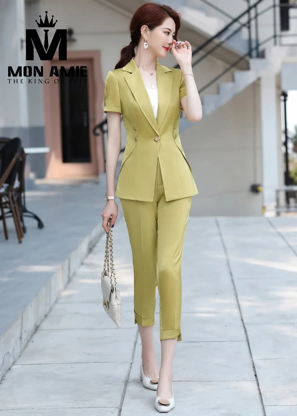 Suit Nữ Vàng Chanh Tay Ngắn Ôm Eo Quần Lửng