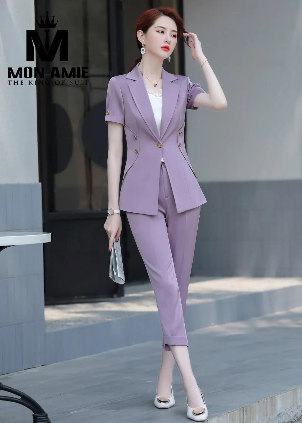 Suit Nữ Tím Lavender Tay Ngắn Cúc Vàng Quần Lửng
