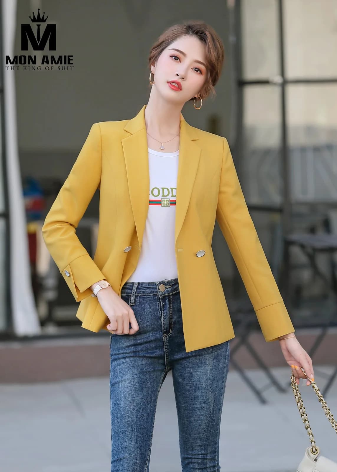 Áo Vest Nữ Vàng Nghệ Tay Dài Cổ Tay Lật Hai Cúc