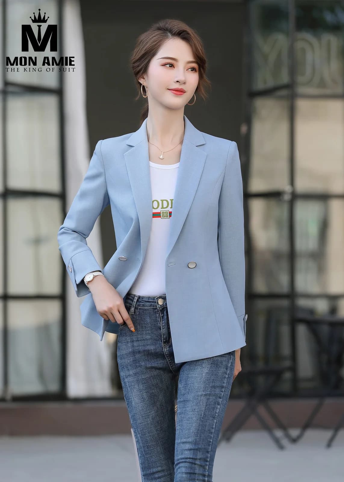 Áo Vest Nữ Xanh Da Trời Nhạt Tay Dài Hai Cúc