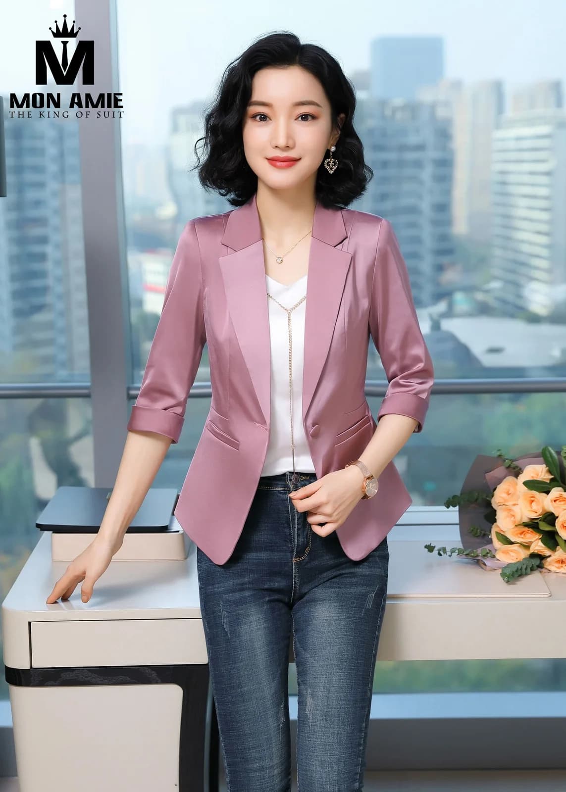 Áo Vest Nữ Hồng Tím Ánh Satin Tay Lửng Túi Viền