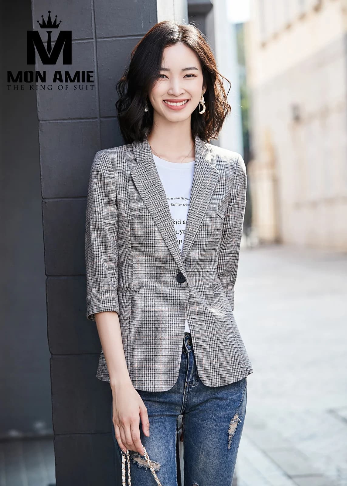 Áo Vest Nữ Kẻ Caro Xám Nâu Tay Lửng Cúc Đen