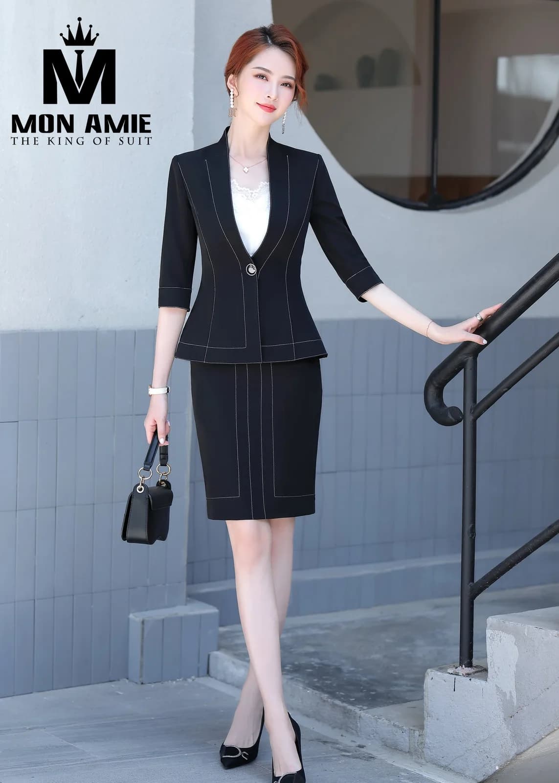 Suit Nữ Đen Chỉ Nổi Cổ V Tay Lửng Chân Váy Bút Chì