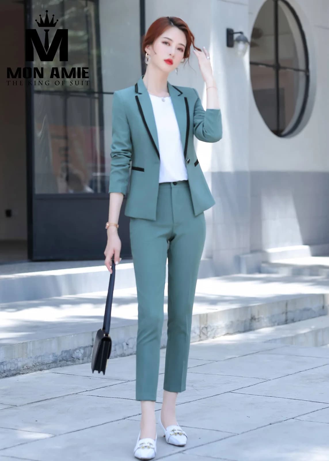 Suit Nữ Xanh Ngọc Xám Viền Đen Ve Nhọn Quần Ôm