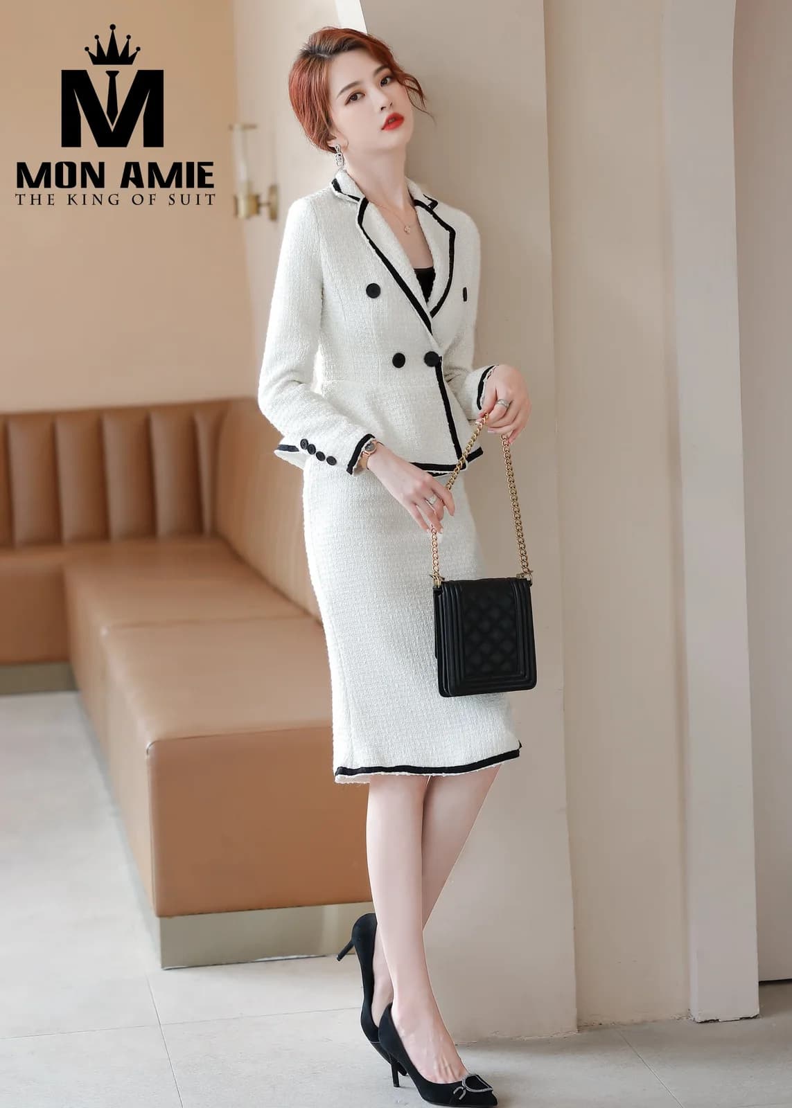 Suit Nữ Tweed Trắng Kem Viền Đen Váy Bút Chì Cúc Đen