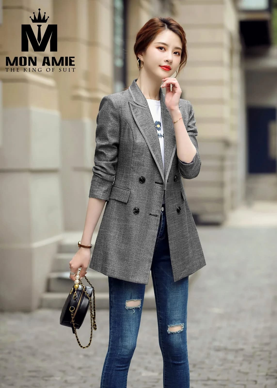 Blazer Nữ Xám Ánh Chì Hai Hàng Khuy Ve Viền