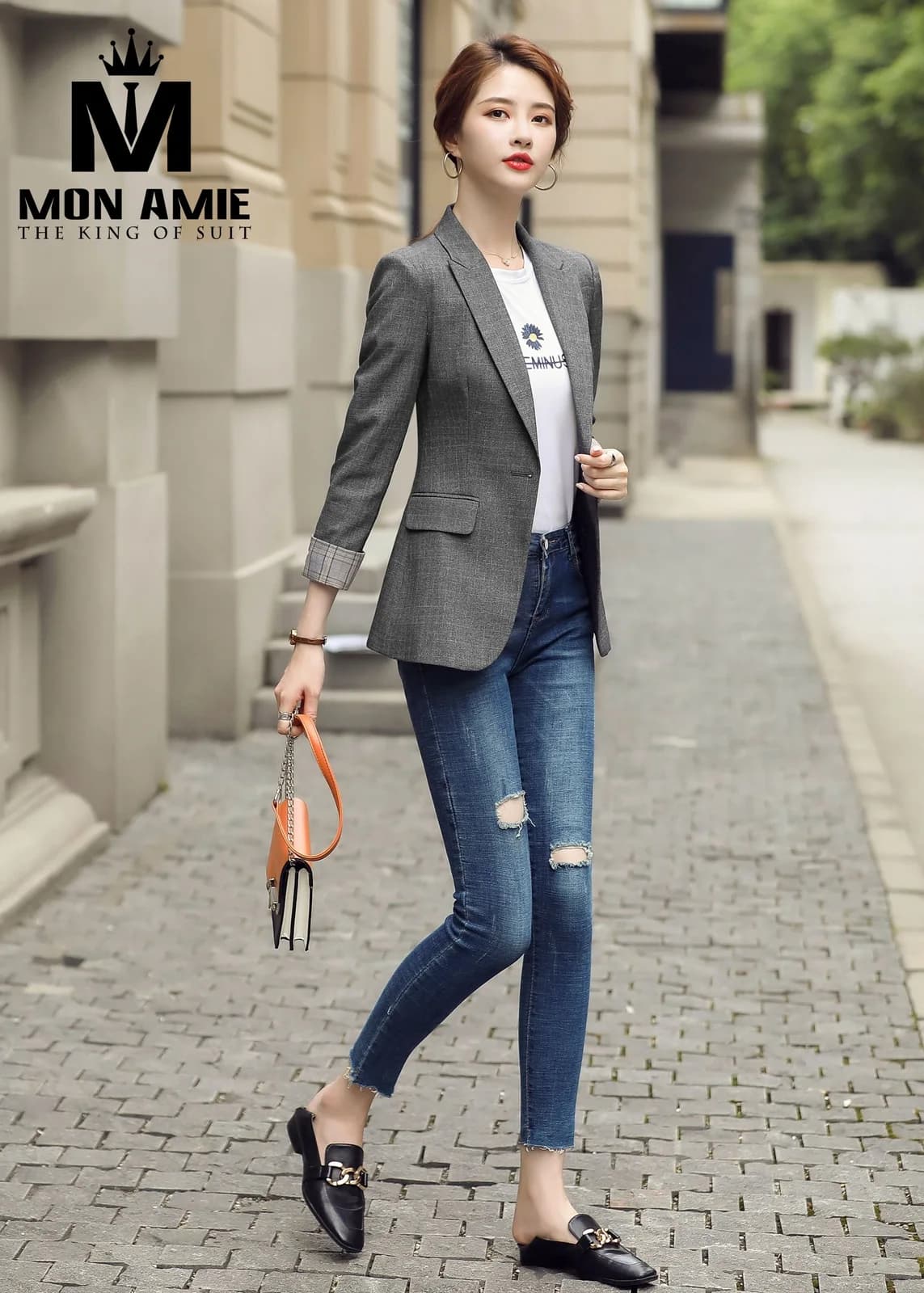 Blazer Nữ Xám Khói Một Khuy Tay Lật Kẻ Ô Nâu