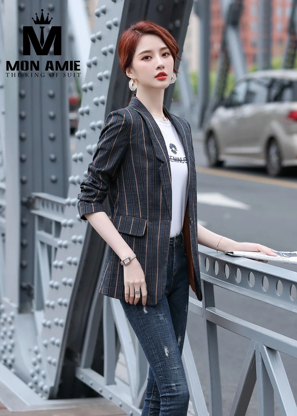Blazer Nữ Xanh Than Sọc Nâu Đồng Một Khuy Lót Cam