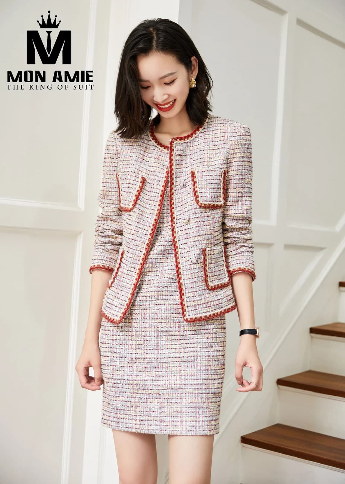 Bộ Tweed Nữ Hồng Kem Viền Bện Đỏ Cổ Tròn