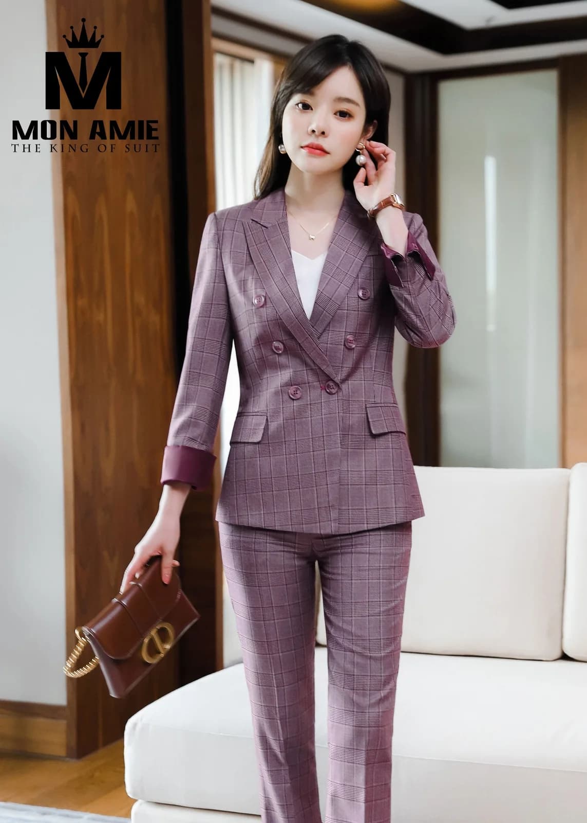 Suit Nữ Tím Khói Kẻ Ô Hai Hàng Khuy Tay Lật Tím Đậm