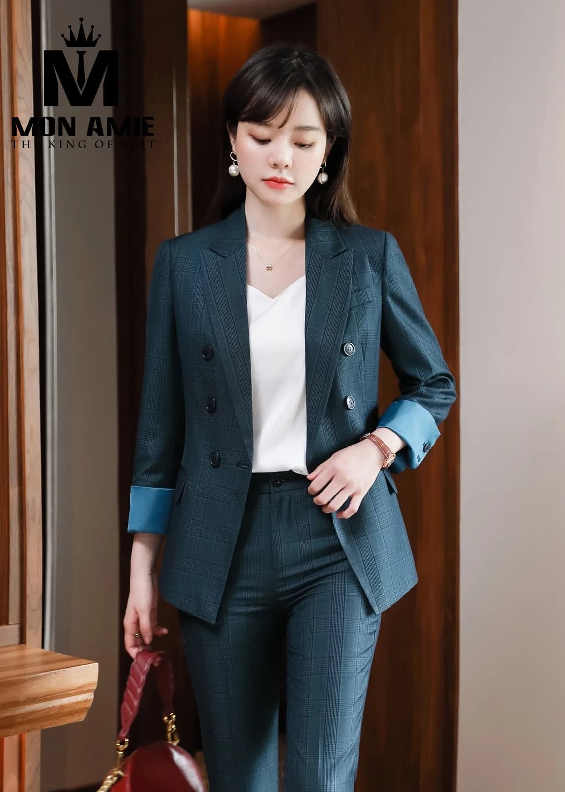 Suit Nữ Xanh Petrol Kẻ Ô Tối Hai Hàng Khuy Lót Xanh