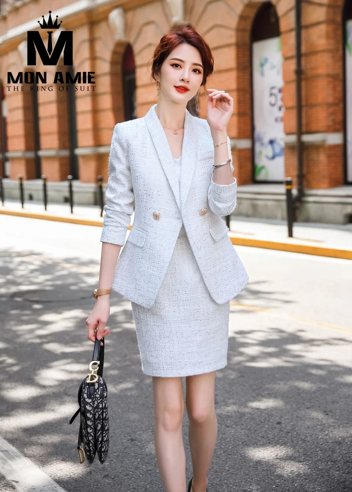 Bộ Tweed Nữ Trắng Ánh Bạc Kim Sa Ve Shawl Váy Bút Chì