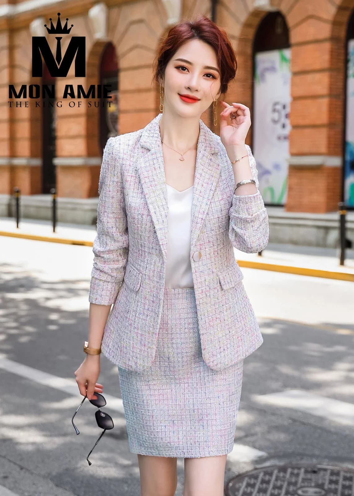 Bộ Tweed Nữ Pastel Trắng Tím Hồng Một Khuy Váy Bút Chì