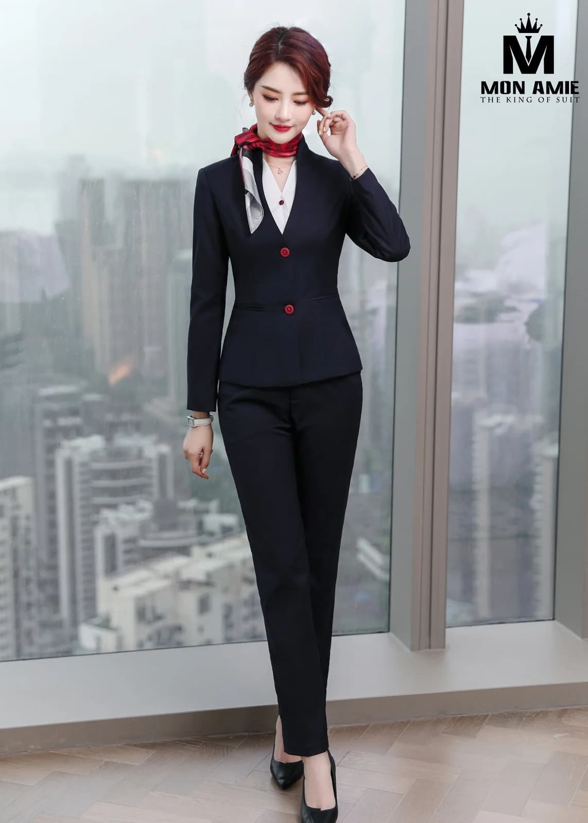 Suit Nữ Xanh Navy Đậm Cổ V Hai Nút Đỏ Quần Ống Đứng