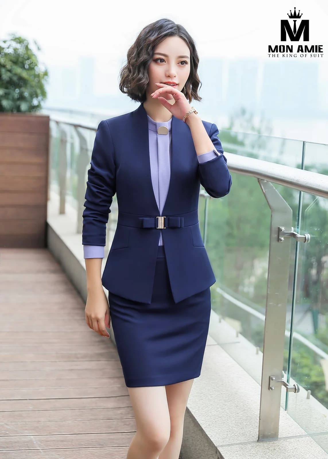 Suit Nữ Xanh Navy Đai Nơ Khóa Vàng Chân Váy Ôm