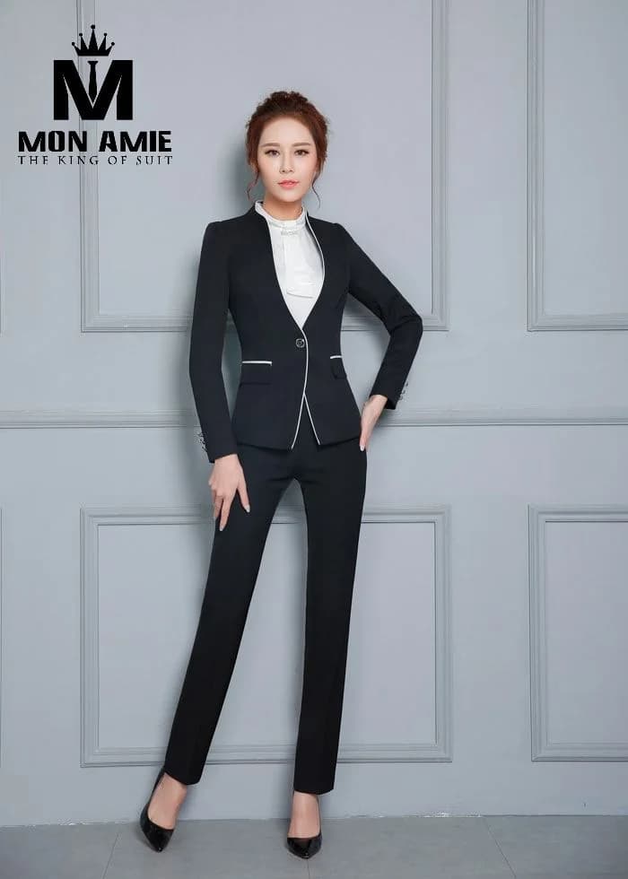 Suit Nữ Đen Cổ V Viền Trắng Một Nút