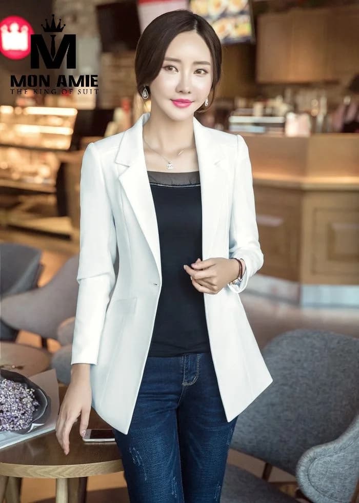 Blazer Nữ Trắng Một Nút Dáng Dài Ve Bẻ