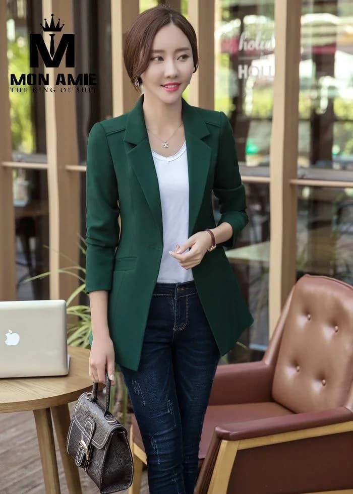 Blazer Nữ Xanh Lục Bảo Một Nút Tay Lửng