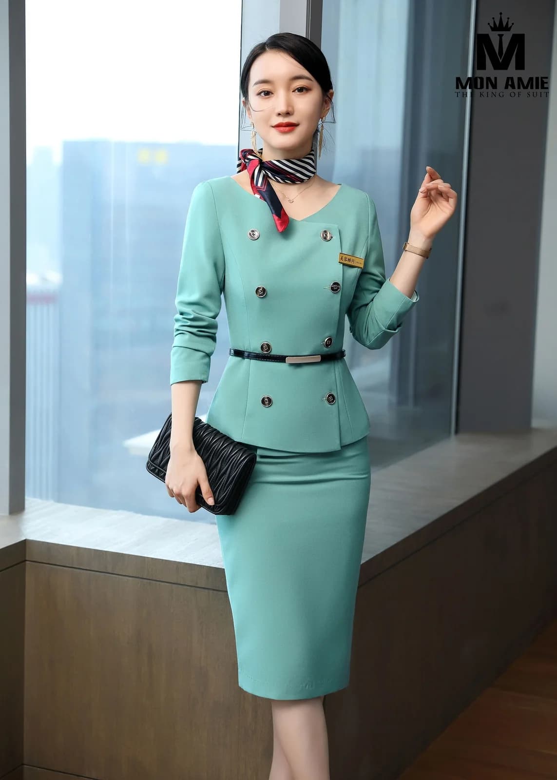 Suit Nữ Xanh Bạc Hà Áo Peplum Cổ V Chân Váy Bút Chì