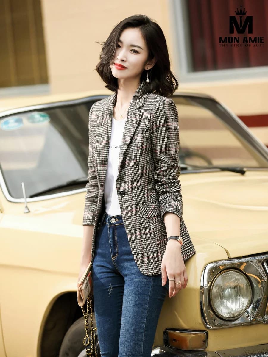 Blazer Kẻ Glen Xám Sợi Hồng