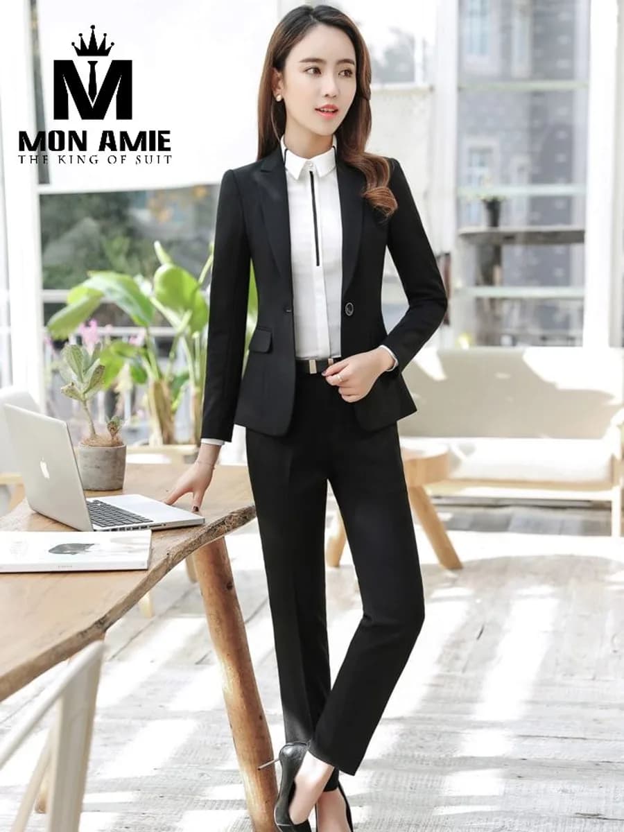 Suit Nữ Đen Một Nút Quần Âu Thắt Lưng Kim Loại