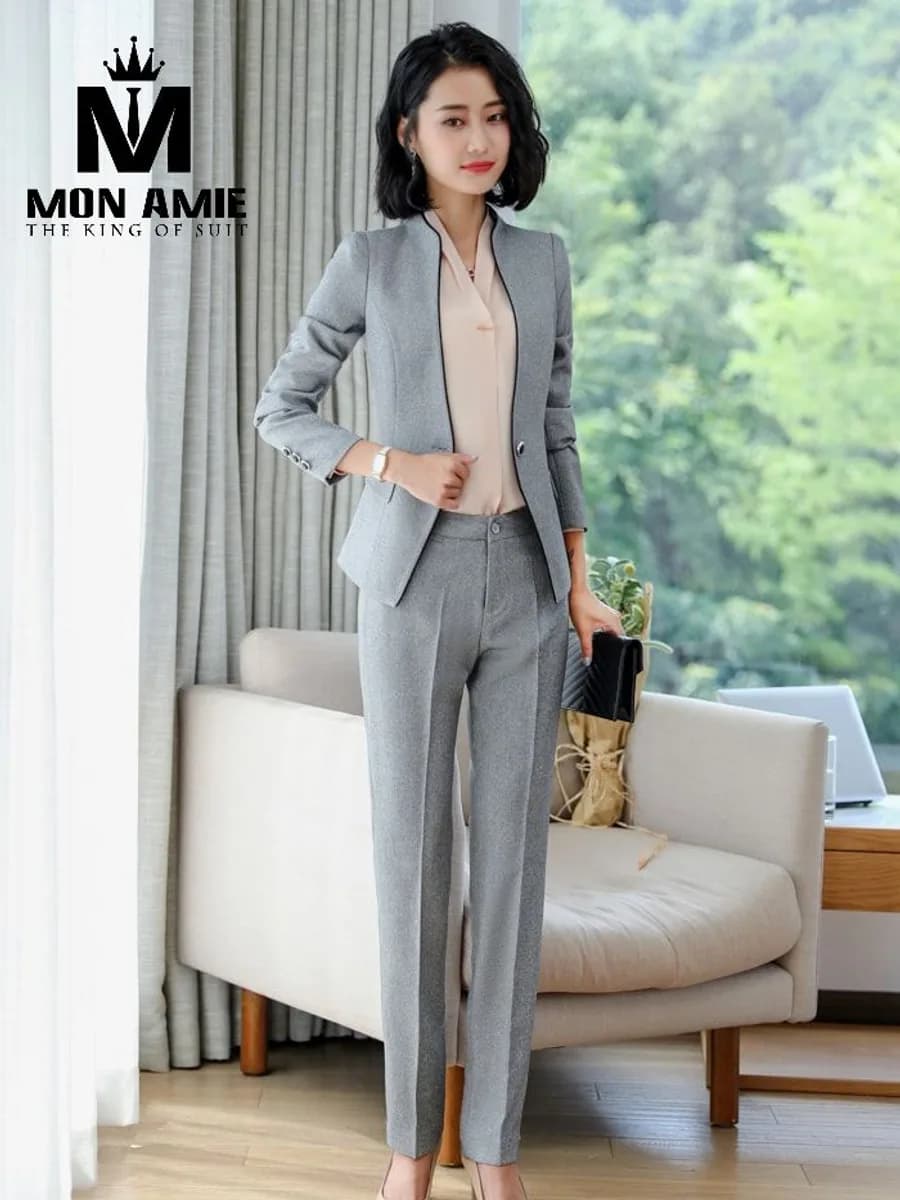 Suit Nữ Xám Ghi Cổ Tim Viền Đen Quần Ống Đứng