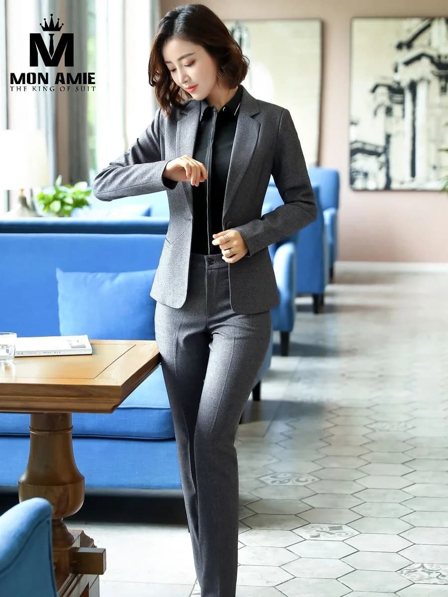 Suit Nữ Xám Ghi Vân Nhẹ Một Nút Quần Tây Ống Đứng