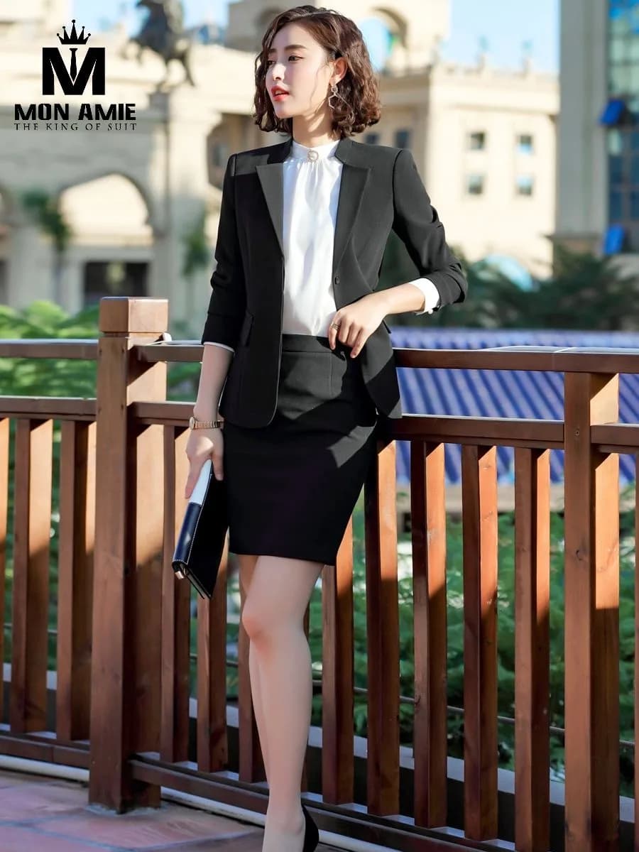 Suit Nữ Xám Đen Ve Lá Nhỏ Váy Ôm Blazer Dáng Suông