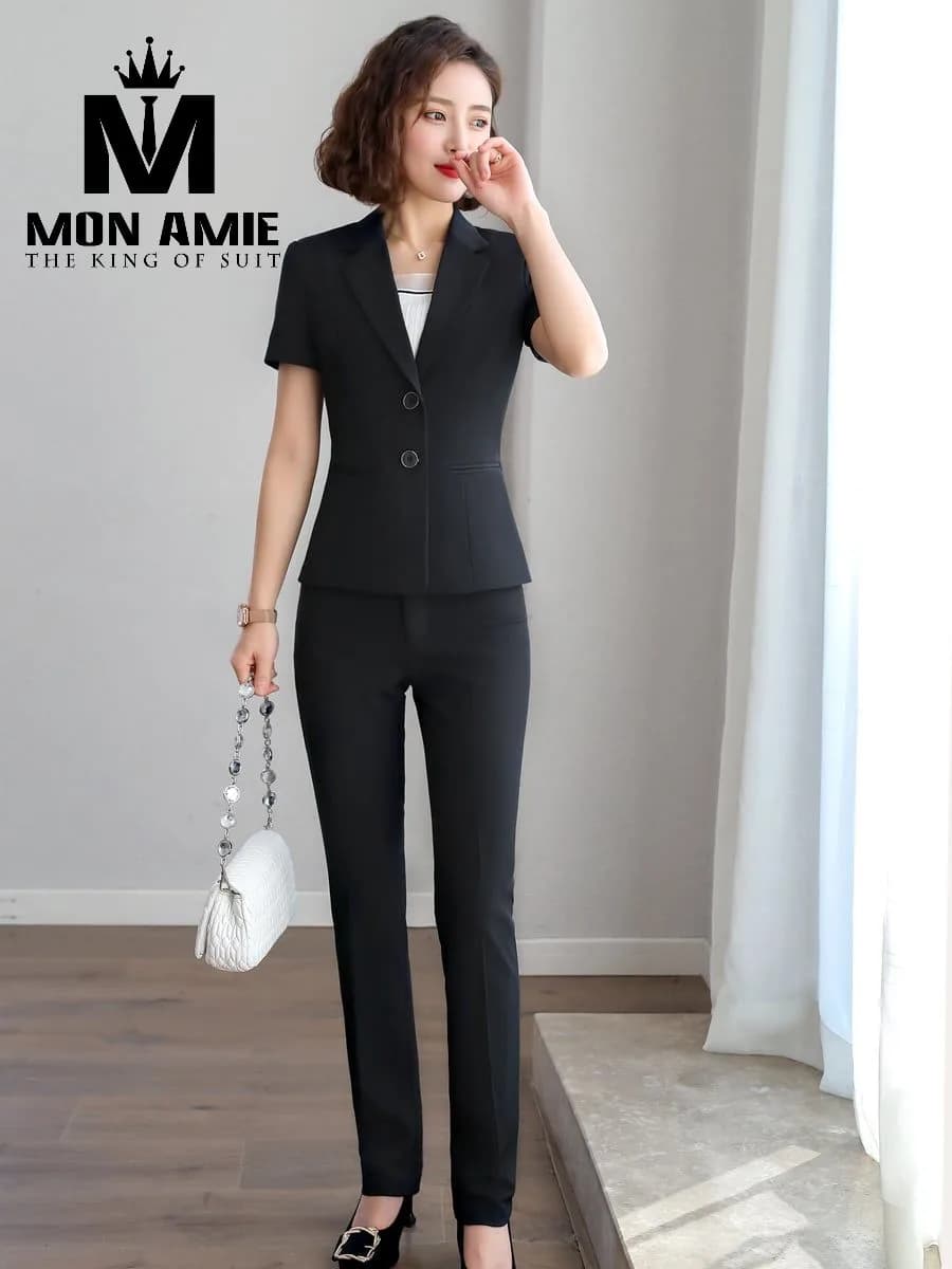 Suit Nữ Đen Tay Ngắn Hai Nút Ve Vest Quần Ống Đứng