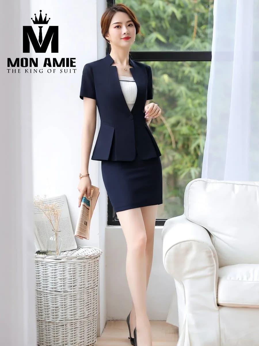 Suit Nữ Xanh Navy Cổ Đứng Tay Ngắn Xếp Ly Eo Váy Ôm