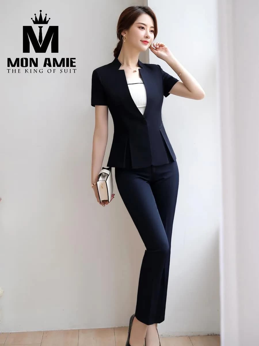 Suit Nữ Xanh Đen Cổ Đứng Xếp Ly Eo Quần Ống Đứng
