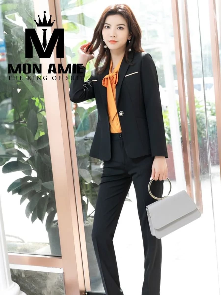 Vest Nữ Đen Một Nút Viền Ánh Vàng Quần Ống Đứng
