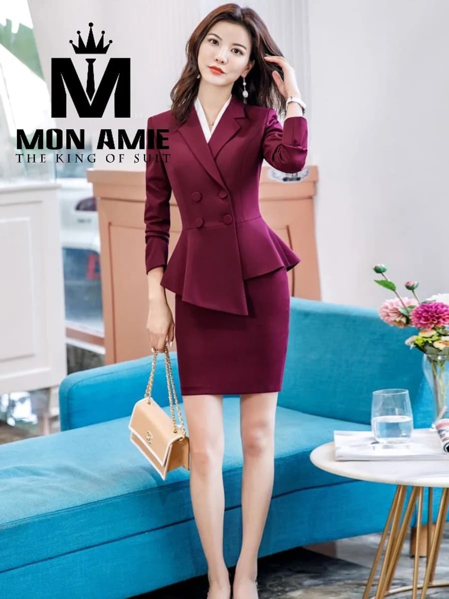 Suit Nữ Đỏ Mận Peplum Hai Hàng Nút Chân Váy Ôm