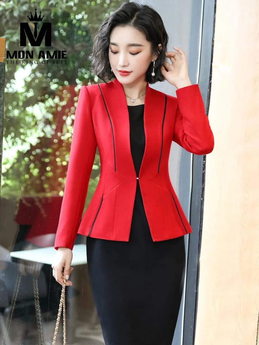Suit Nữ Vest Đỏ Viền Đen Phối Đầm Đen
