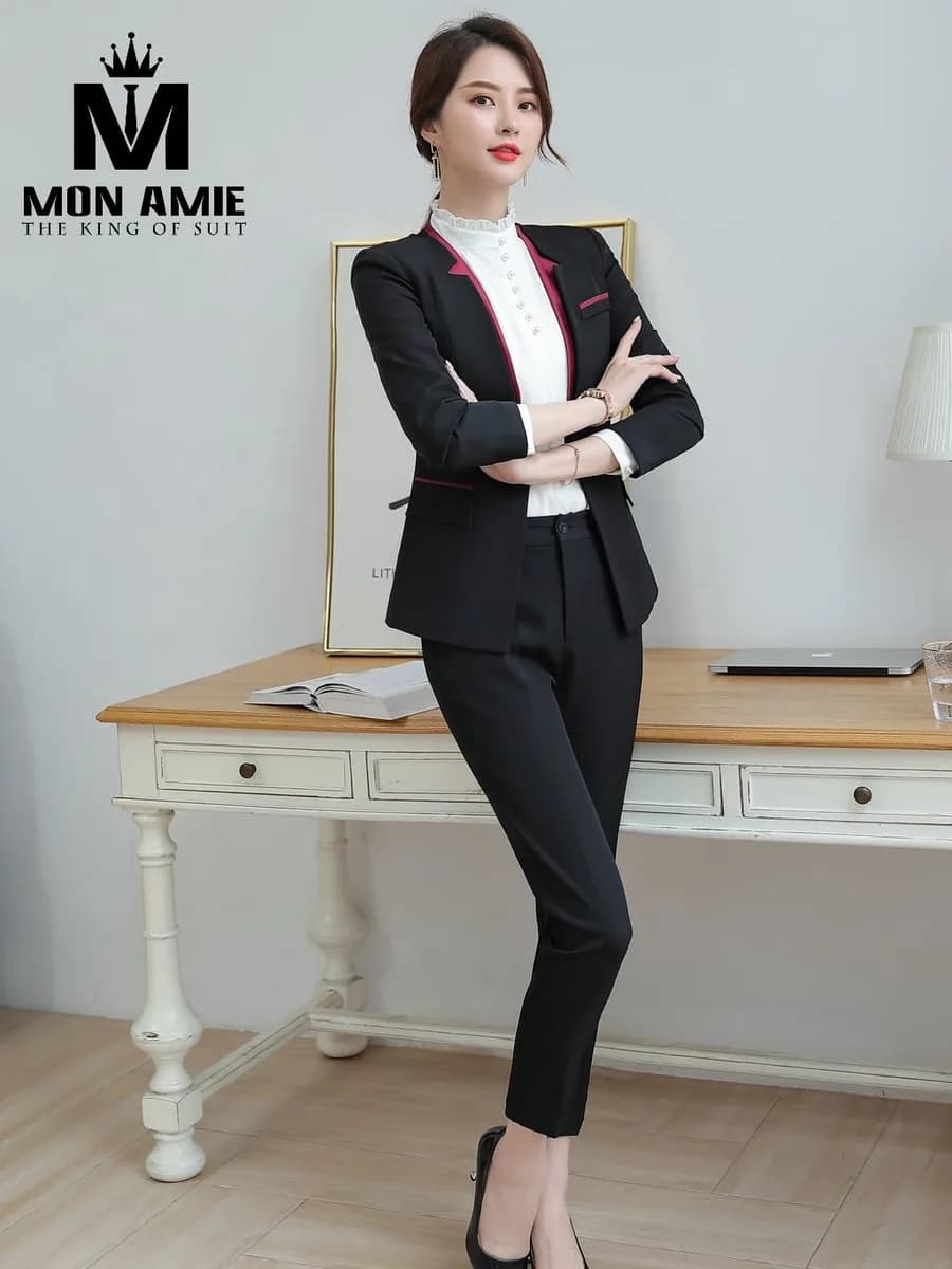 Suit Nữ Đen Viền Đỏ Mận Ve Áo Quần Tây