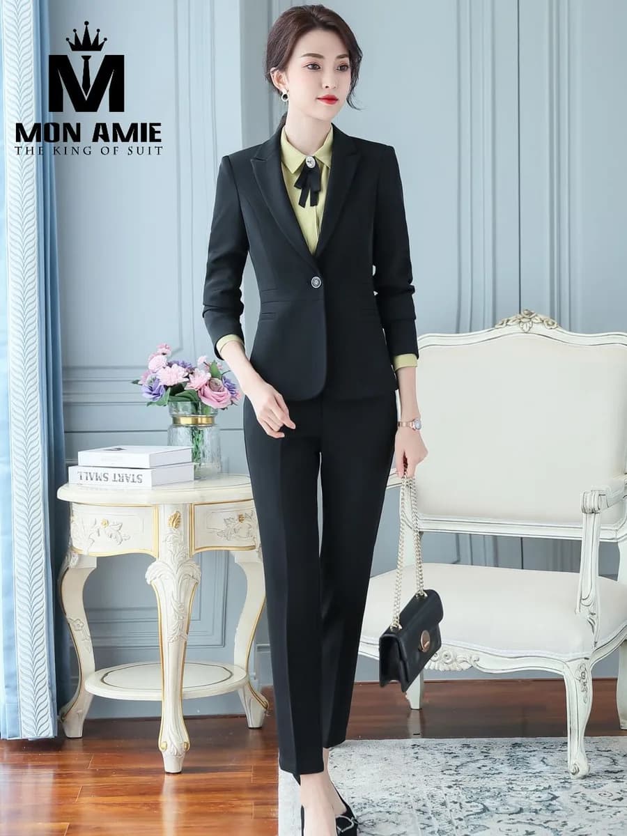 Suit Nữ Đen Cúc Pha Lê Một Nút Quần Ống Suông