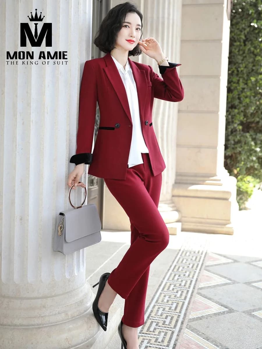 Suit Nữ Đỏ Đô Viền Nhung Đen Hai Nút