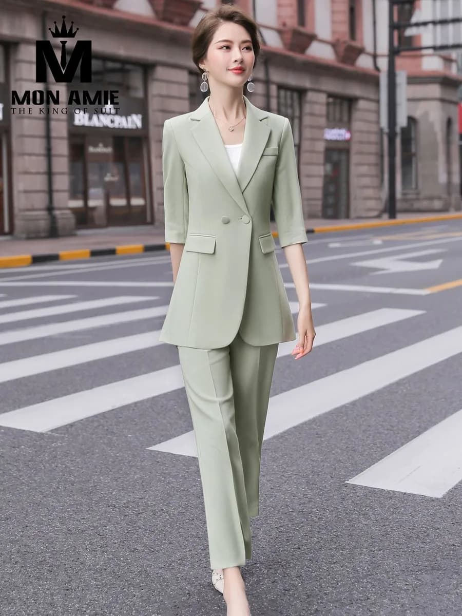 Suit Nữ Xanh Bạc Hà Tay Lỡ Hai Nút Quần Ống Suông
