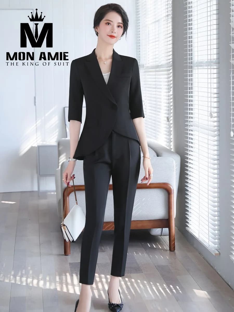 Suit Nữ Đen Một Khuy Tà Áo Cong Quần Âu Ôm Nhẹ